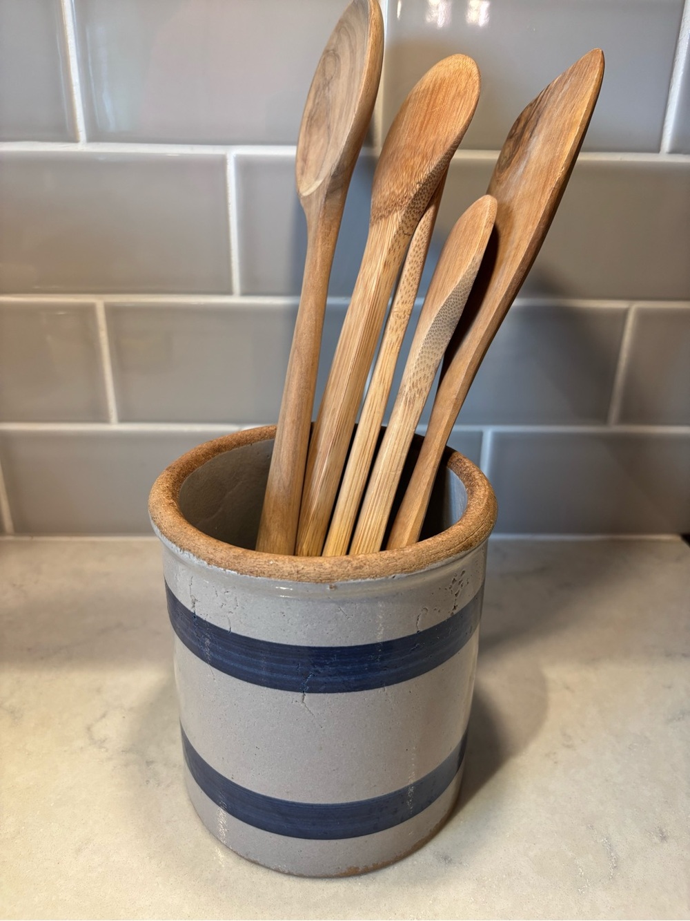 Vintage Stoneware Crock Canister Utensil Holder Cottage Kitchen Pottery
